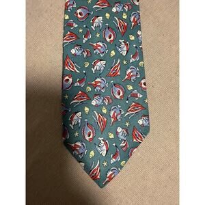 Alain Figaret Paris Tie Mens Green Silk Fish Sea Print Handmade Made in France